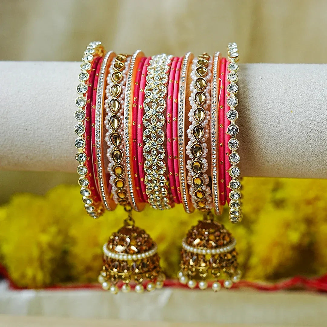 Designer Metal Bangles Set with Jhumki for Women (Both Hands) - The Golden Cascade